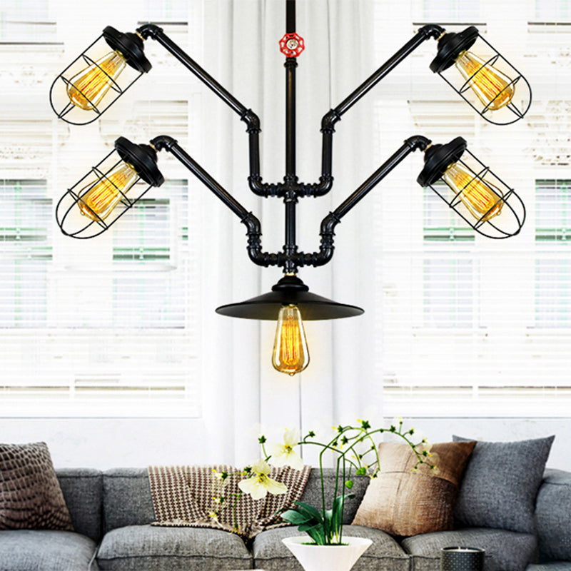 5 Lights Wire Cage Suspended Light Industrial Style Chandelier Lamp with Water Pipe for Dining Room