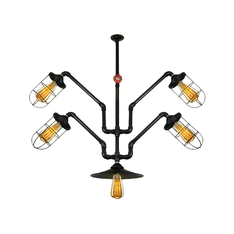 5 Lights Wire Cage Suspended Light Industrial Style Chandelier Lamp with Water Pipe for Dining Room