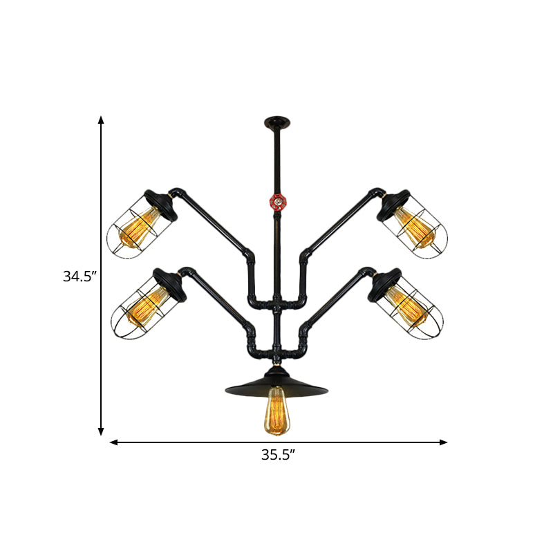 5 Lights Wire Cage Suspended Light Industrial Style Chandelier Lamp with Water Pipe for Dining Room