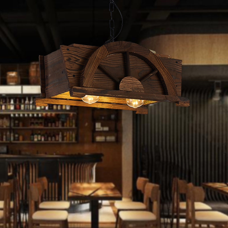 Braunes Holzrechteck hängend hängendes 2-Bulb-Antiquitätendecke für das Restaurant für das Restaurant