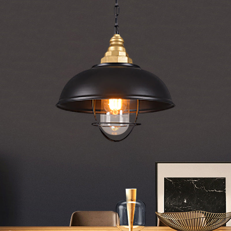 1 Light Bowl Suspension Lamp with Wire Cage Nautical Black Finish Metallic Ceiling Light for Restaurant