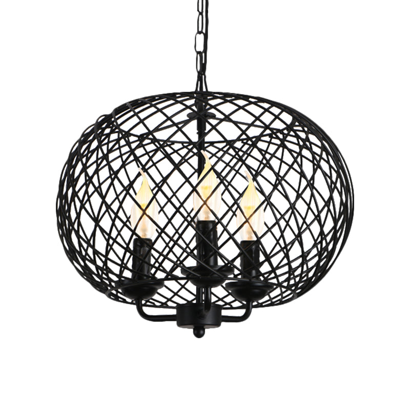 Black 3 Bulbs Hanging Chandelier Lamp Industrial Metal Mesh Drum Shade Ceiling Fixture for Dining Room