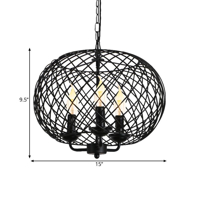 Black 3 Bulbs Hanging Chandelier Lamp Industrial Metal Mesh Drum Shade Ceiling Fixture for Dining Room