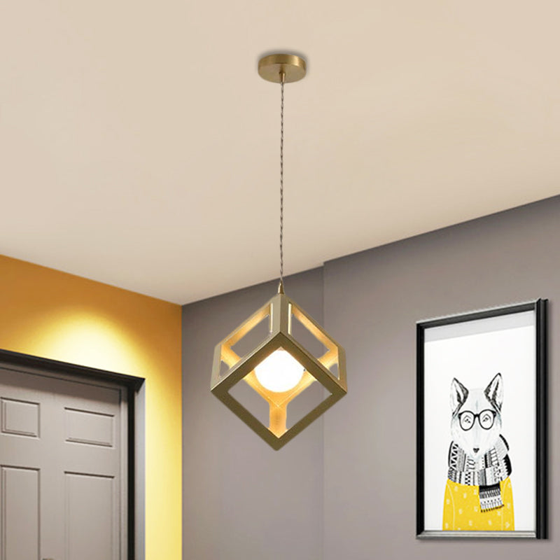 Gold Finish Square/Triangle Pendant Lighting Industrial Metal 1 Head Dining Room Hanging Lamp with Wire Frame