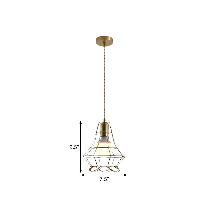 Gold Finish Square/Triangle Pendant Lighting Industrial Metal 1 Head Dining Room Hanging Lamp with Wire Frame