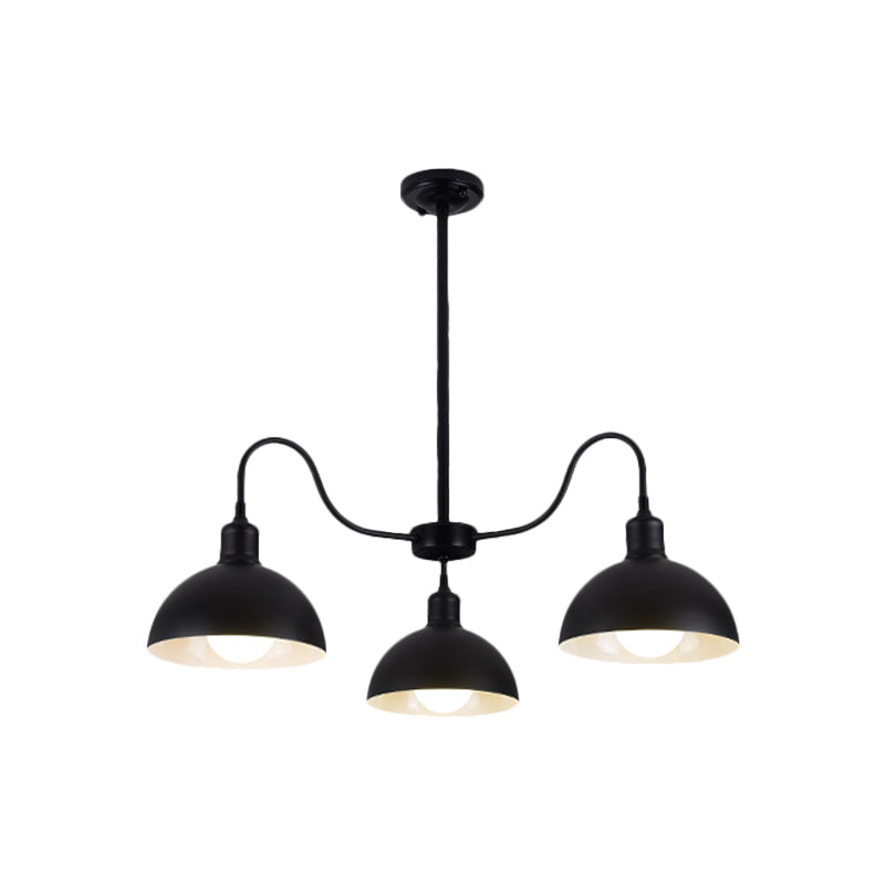 Black Finish 3 Heads Chandelier Pendant Retro Style Metal Dome Shade Hanging Light with Gooseneck Arm for Dining Room