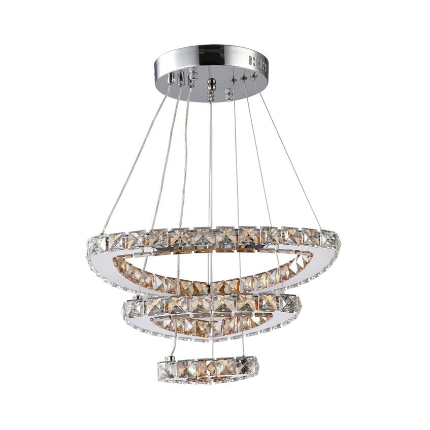 3-Tier LED Chandelier Light Fixture Contemporary Crystal Chrome Drop Pendant in Third Gear for Restaurant