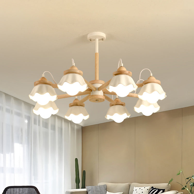 White Scalloped Shade Chandelier Multi-Light Nordic Wooden Drop Ceiling Light for Living Room