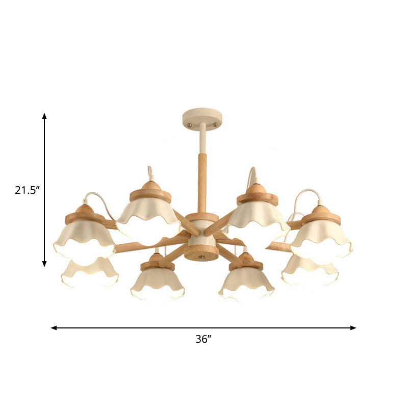 White Scalloped Shade Chandelier Multi-Light Nordic Wooden Drop Ceiling Light for Living Room