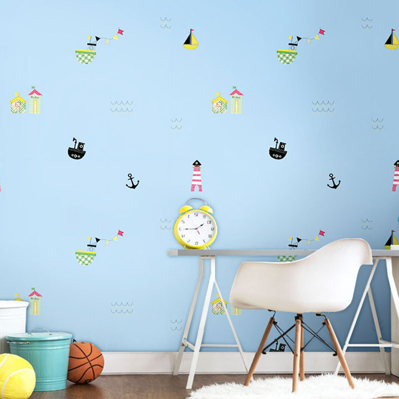 Pastel Boat and Beacon Wallpaper Stain-Resistant Wall Art for Children's Bedroom,Non-Pasted