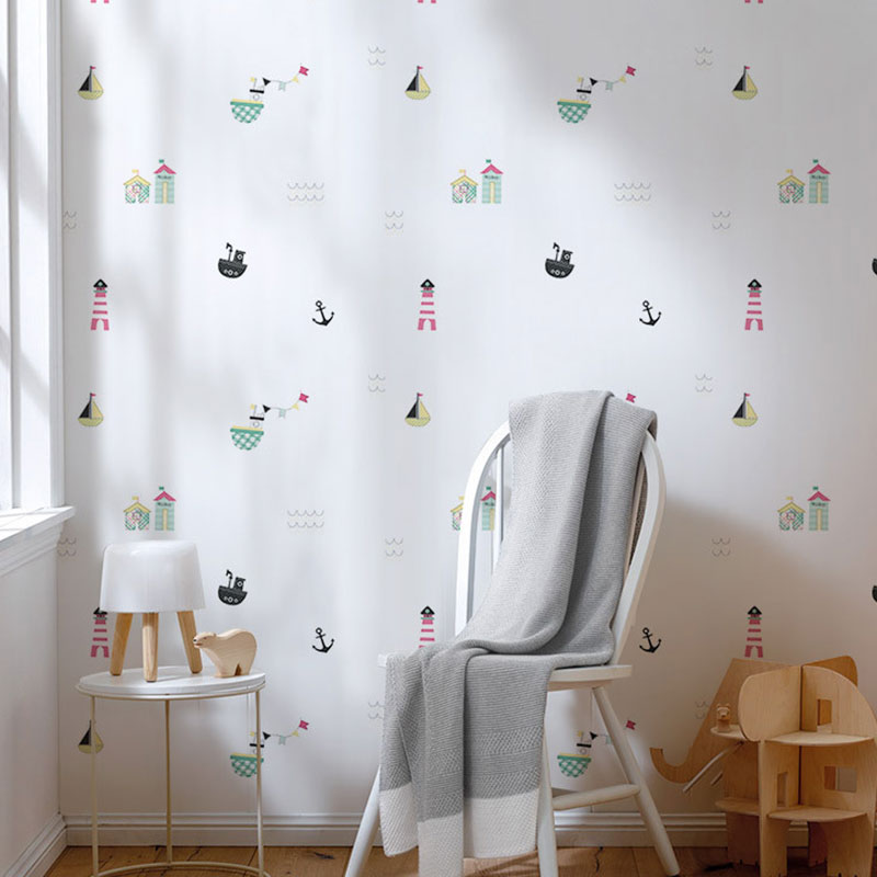 Pastel Boat and Beacon Wallpaper Stain-Resistant Wall Art for Children's Bedroom,Non-Pasted