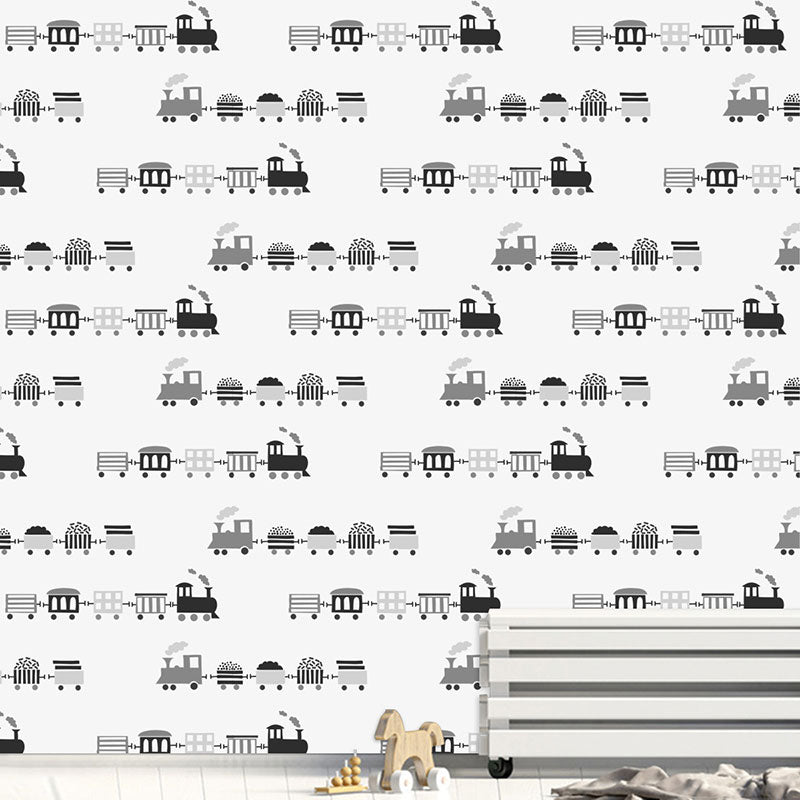 Black and White Wall Art 29.1 sq ft. Cartoon Train Wallpaper Roll for Children, Self-Adhesive