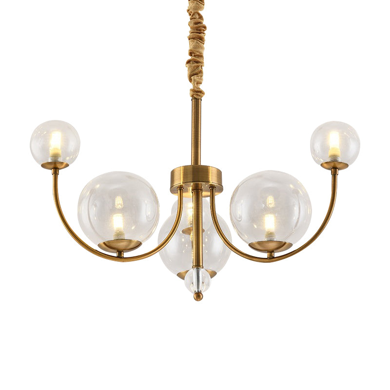 Wohnzimmer gewölbter Arm Kronleuchter mit Globe Glass Schatten Metall eleganter Stil Gold Anhänger Licht