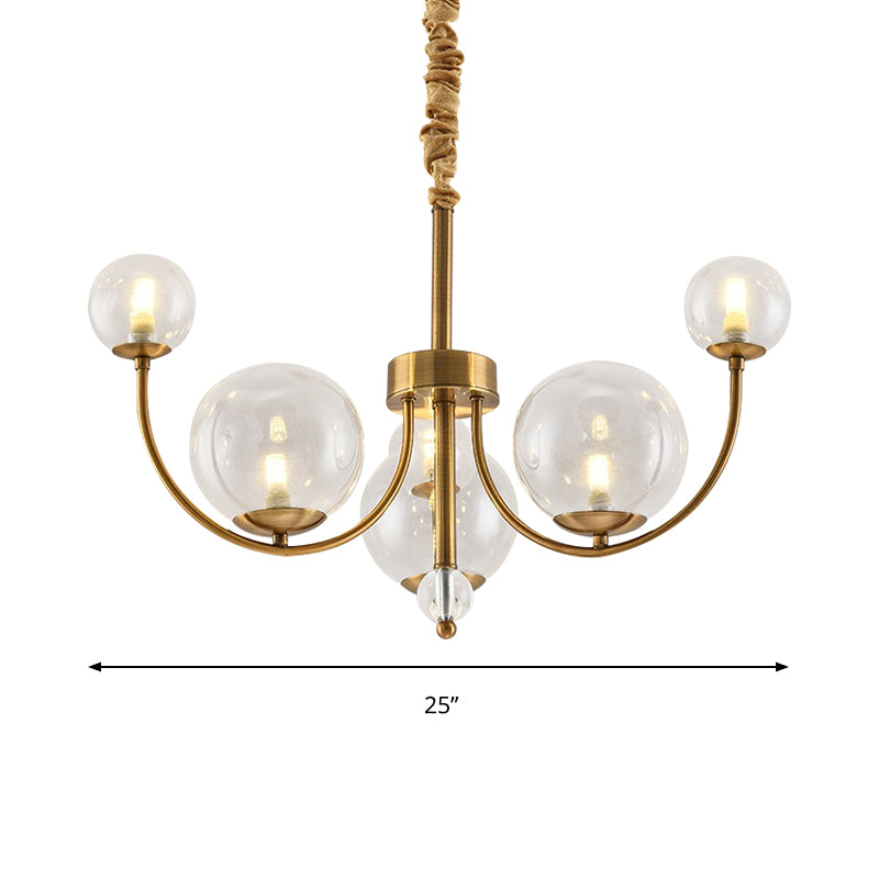 Living Room Arched Arm Chandelier with Globe Glass Shade Metal Elegant Style Gold Pendant Light