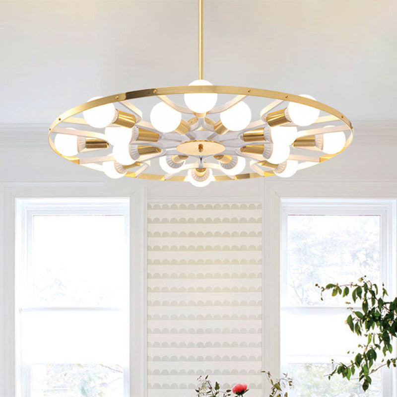 Gold Ring Bare Bulb Chandelier 16 Lights Post Modern Metallic Ceiling Light Fixture