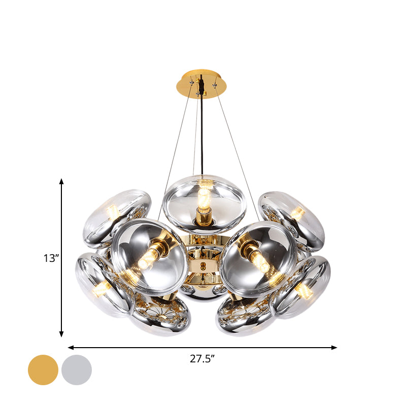 12-Light Round Shade Chandelier Modern Clear Glass Cord Hanging Light in Gold/Silver