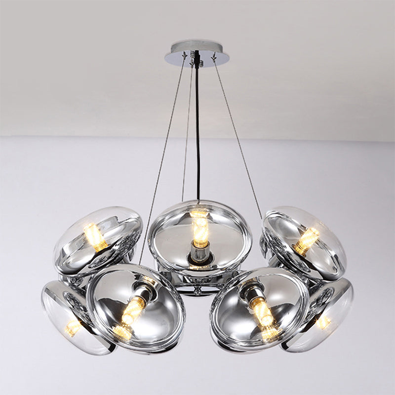 12-Light Round Shade Chandelier Modern Clear Glass Cord Hanging Light in Gold/Silver