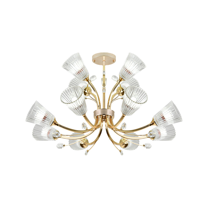 Ribbed Glass Tapered Shade Chandelier Hotel 12 Lights Crystal Accent Hanging Lighting in Gold