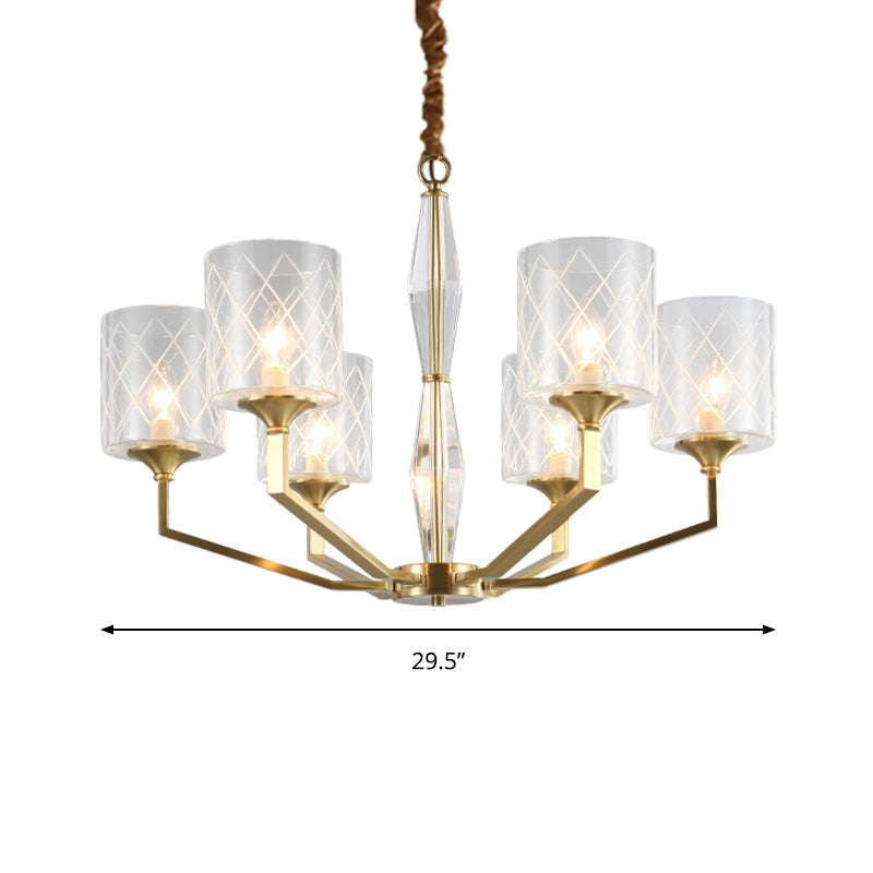 Grid Cylinder Shade Chandelier Elegant Style Metallic Ceiling Pendant in Gold for Study Room