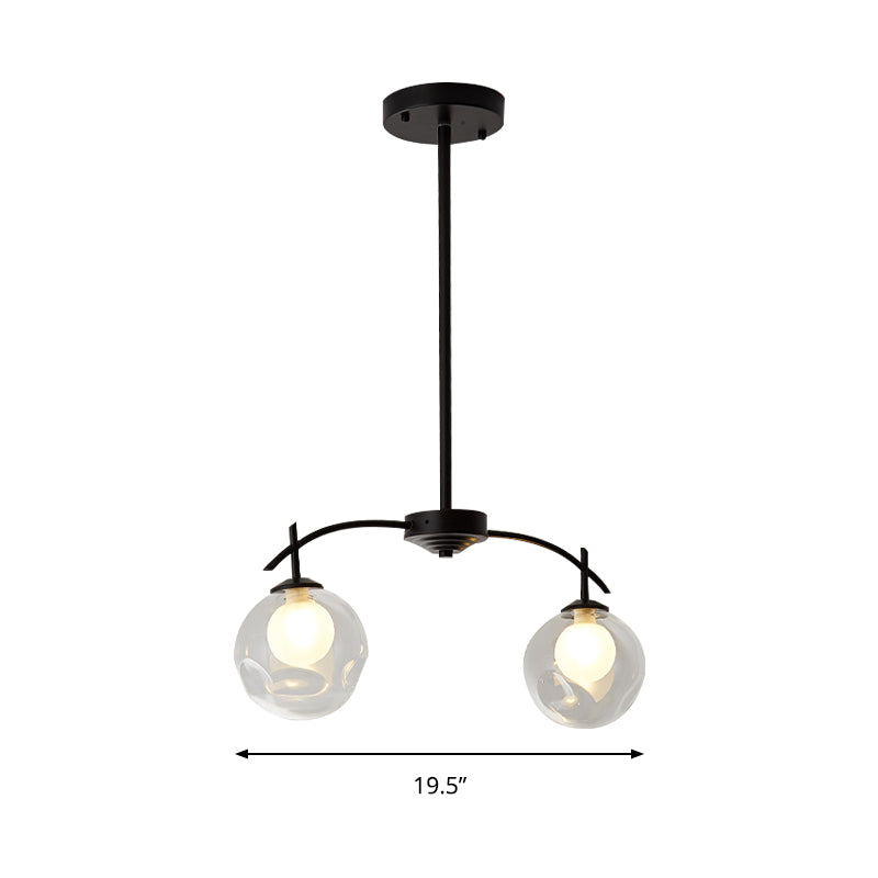 Black Finish Pendant Light Two-Light Modern Simple Metal and Clear Glass Chandelier for Corridor