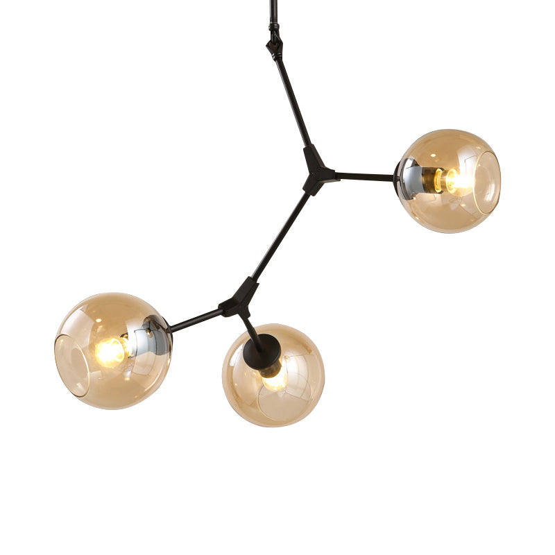 Amber Open Glass Orb Chandelier Living Room 3 Lights Modern Pendant Light in Black