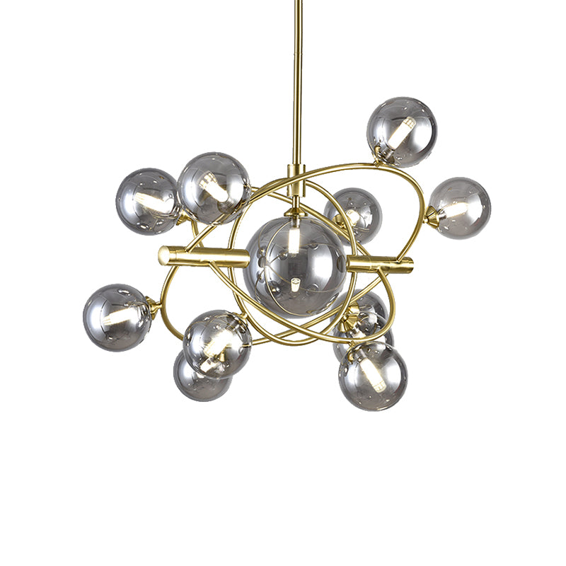 Gold Concentric Ring Pendant Light with Sphere Shade Amber/Clear/Smoke Glass Contemporary Chandelier for Living Room