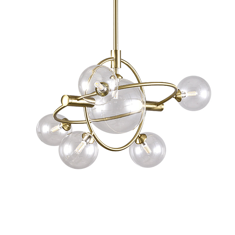 Gold Concentric Ring Pendant Light with Sphere Shade Amber/Clear/Smoke Glass Contemporary Chandelier for Living Room