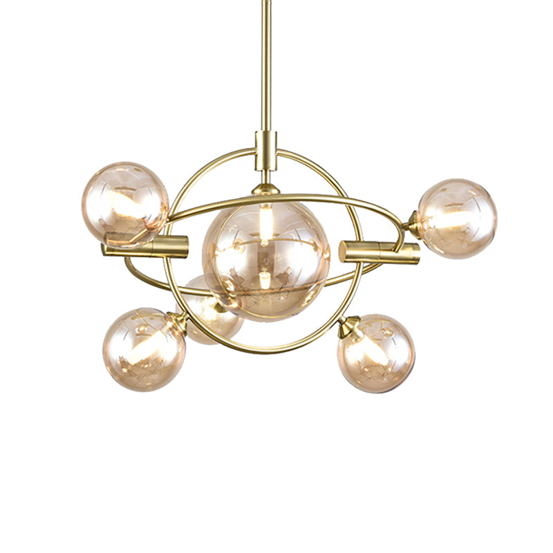 Gold Concentric Ring Pendant Light with Sphere Shade Amber/Clear/Smoke Glass Contemporary Chandelier for Living Room