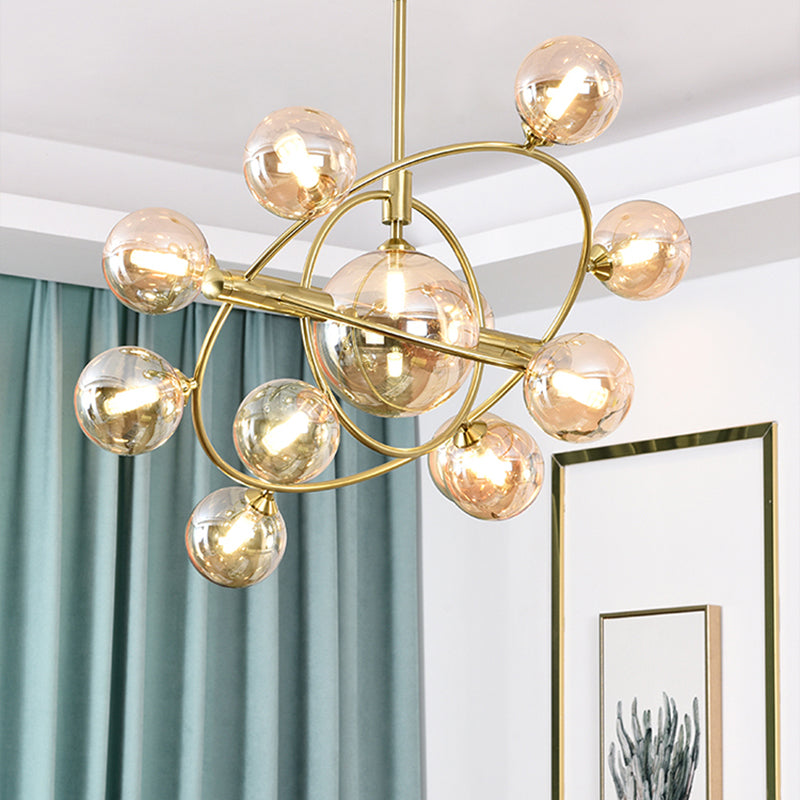 Gold Concentric Ring Pendant Light with Sphere Shade Amber/Clear/Smoke Glass Contemporary Chandelier for Living Room