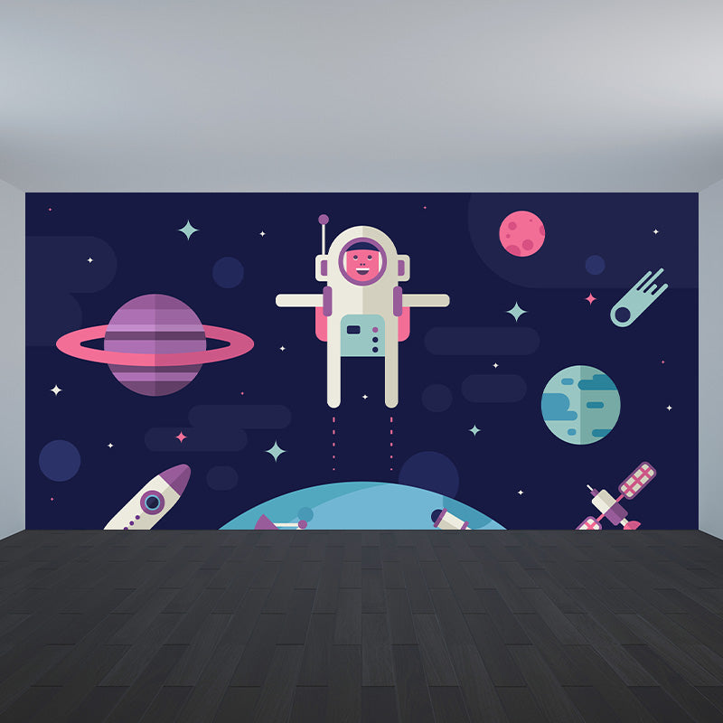 Dark Color Spacecraft Mural Wallpaper Universe Kids Moisture Resistant Wall Covering