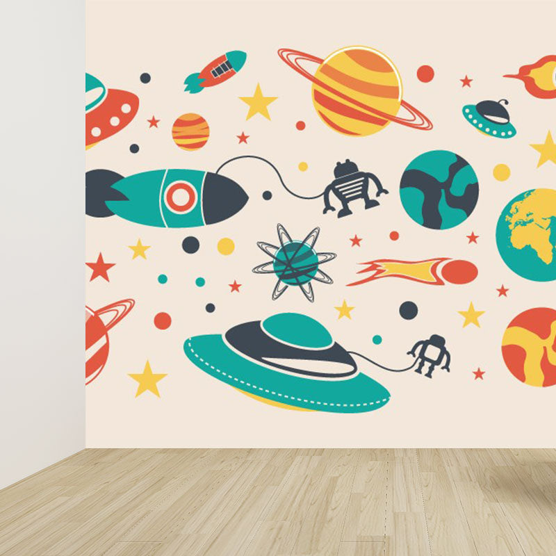 Dark Color Spacecraft Mural Wallpaper Universe Kids Moisture Resistant Wall Covering