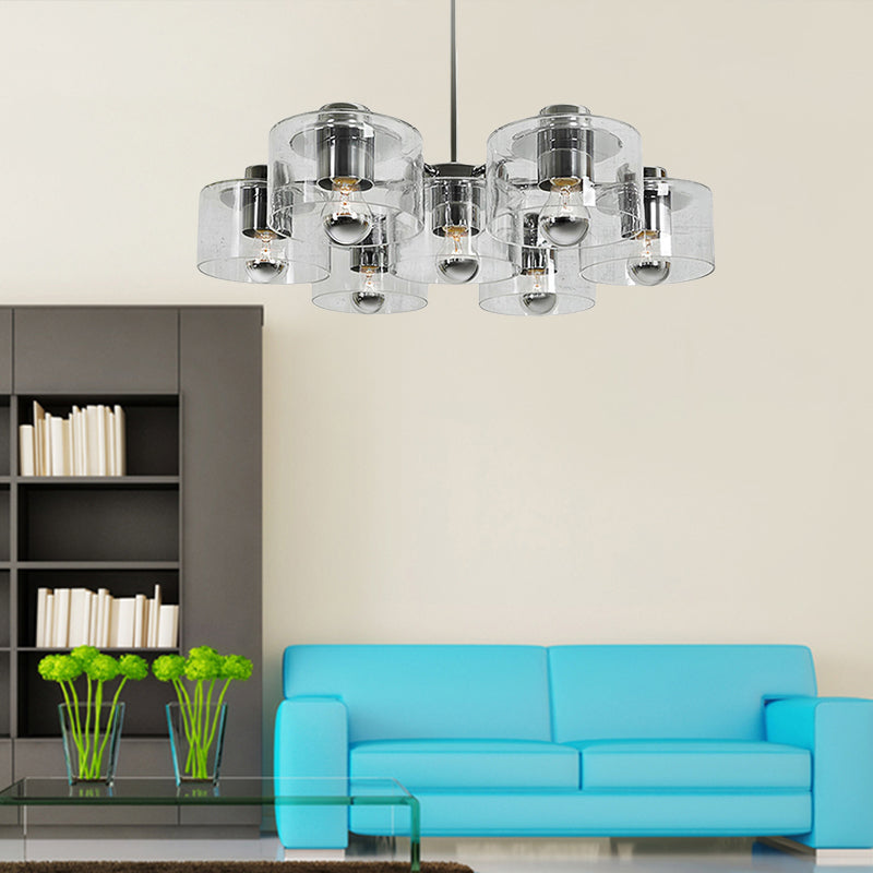 Study Room Drum Pendant Lighting Clear Glass 7 Heads Simple Style Chrome E27 Chandelier