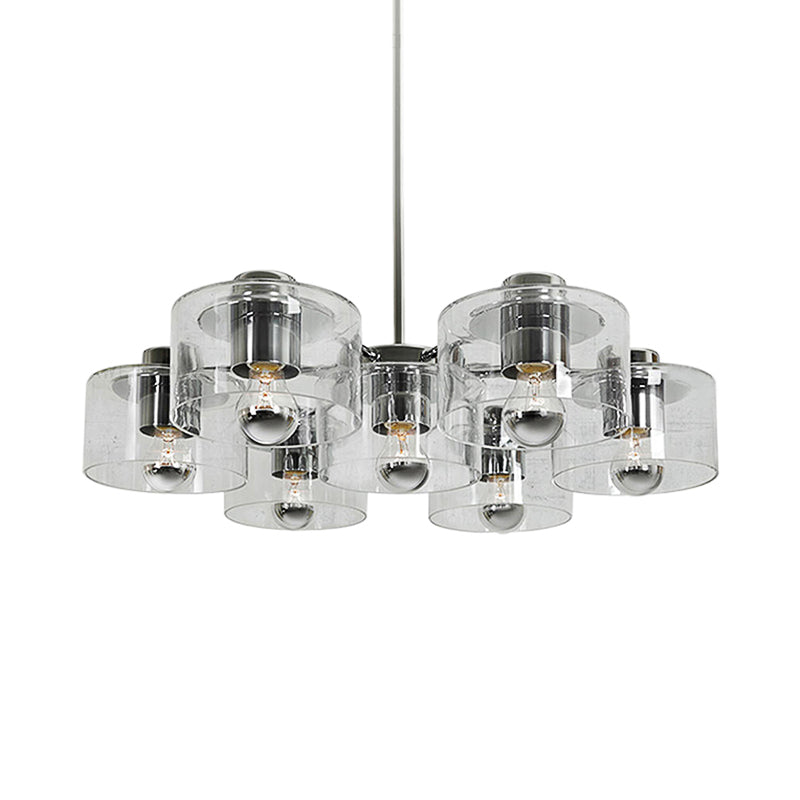 Study Room Drum Pendant Lighting Clear Glass 7 Heads Simple Style Chrome E27 Chandelier