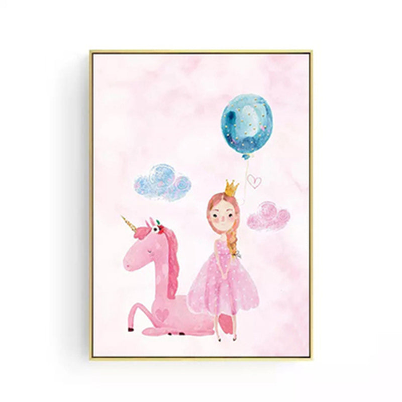 Cartoon Girls Canvas Wall Art with Unicorn Drawing Pastel Color Wall Decor for Bedroom