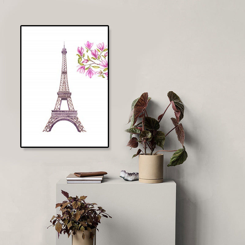 Illustration Landmark Wall Art Modern Stunning Eiffel Tower and Blossom Canvas in Pink