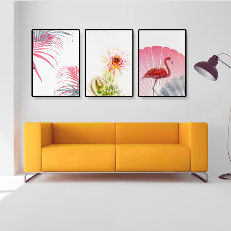 Tropix Flower and Flamingo Art Print Canvas Textured Pink Wall Decor for Home, Set of 3