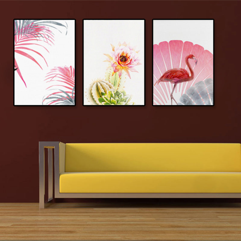 Tropix Flower and Flamingo Art Print Canvas Textured Pink Wall Decor for Home, Set of 3