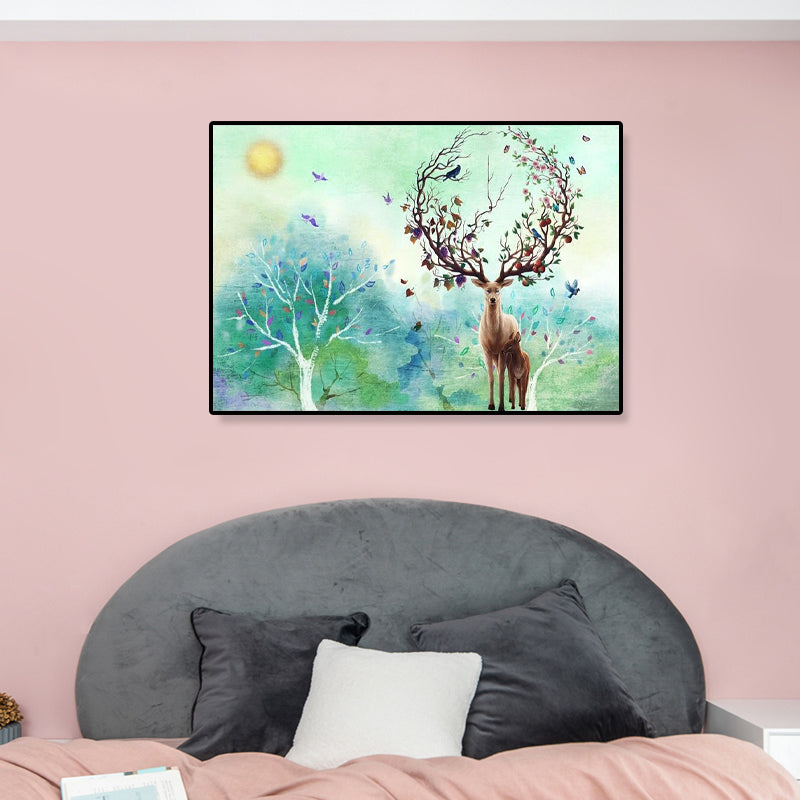 Beautiful Moon Night Deer Canvas Bedroom Animal Wall Art Print in Blue, Multiple Sizes