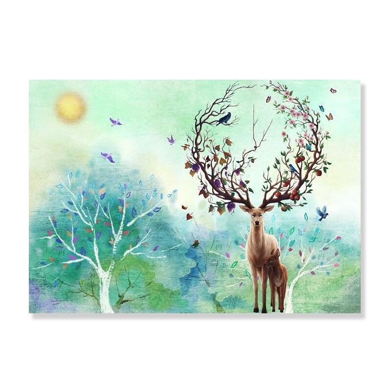 Beautiful Moon Night Deer Canvas Bedroom Animal Wall Art Print in Blue, Multiple Sizes