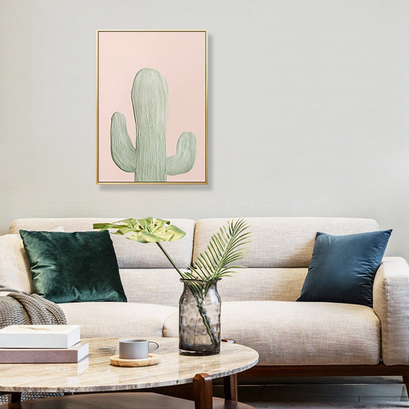 Green Cactus Wall Art Decor Pot Plant Nordic Textured Canvas Print for Living Room