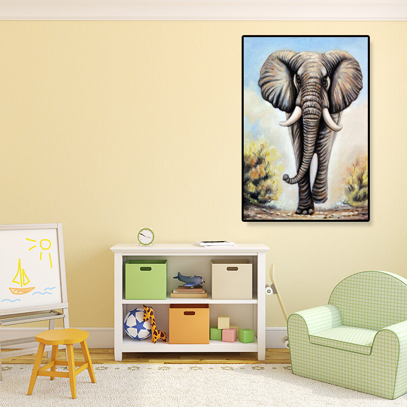 Asian Style Elephant Art Print Canvas Textured Soft Color Wall Decor for Hallway