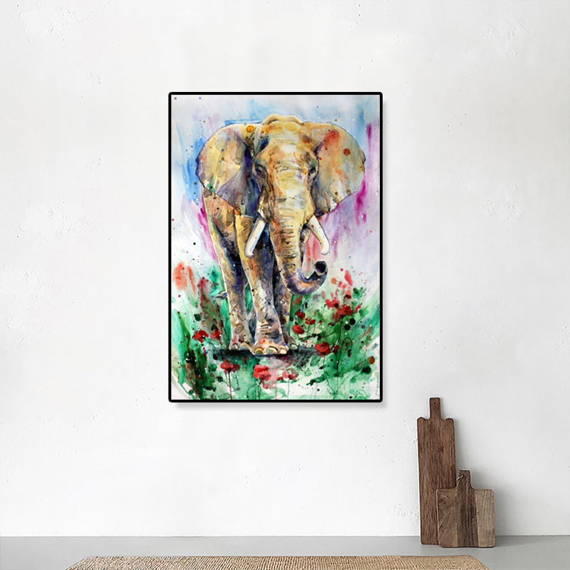 Asian Style Elephant Art Print Canvas Textured Soft Color Wall Decor for Hallway