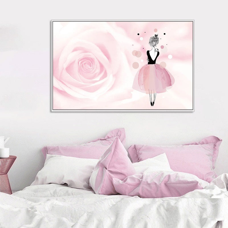 Rose and Ballerina Canvas Glam Trendy Fashion Wall Art Decor in Pink for Bedroom