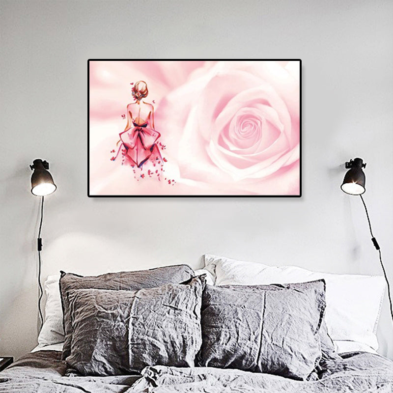 Rose and Ballerina Canvas Glam Trendy Fashion Wall Art Decor in Pink for Bedroom