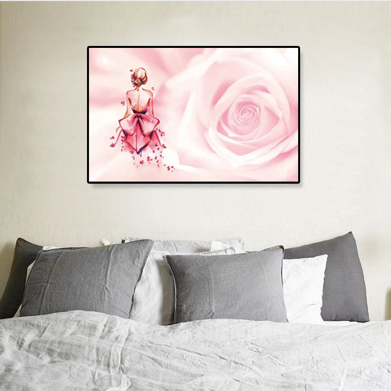 Rose and Ballerina Canvas Glam Trendy Fashion Wall Art Decor in Pink for Bedroom