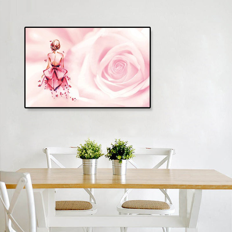 Rose and Ballerina Canvas Glam Trendy Fashion Wall Art Decor in Pink for Bedroom