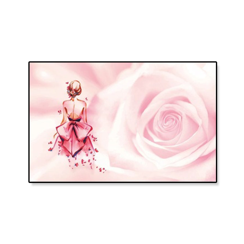 Rose and Ballerina Canvas Glam Trendy Fashion Wall Art Decor in Pink for Bedroom