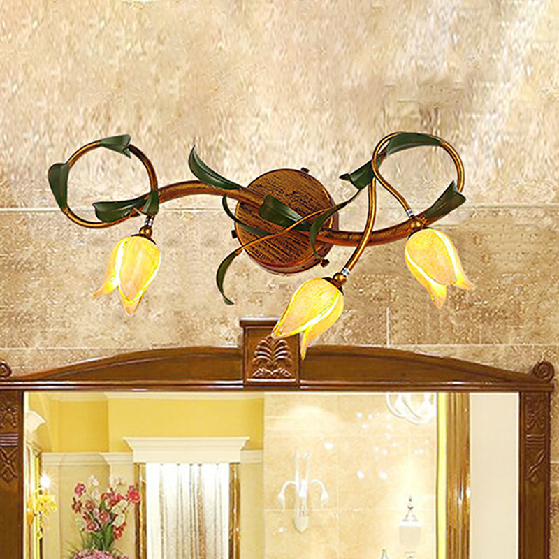 Yellow Flower Vanity Sconce Rustic Glass 3/5 Lights Bathroom Wall Light Fixture with Gold Swirled Arm