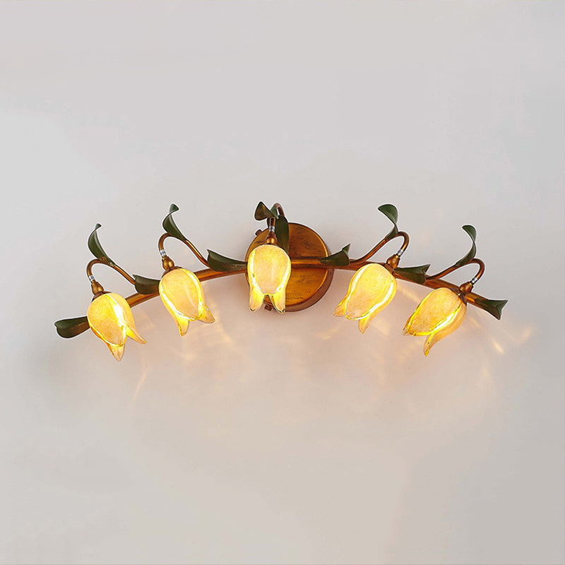 Yellow Flower Vanity Sconce Rustic Glass 3/5 Lights Bathroom Wall Light Fixture with Gold Swirled Arm