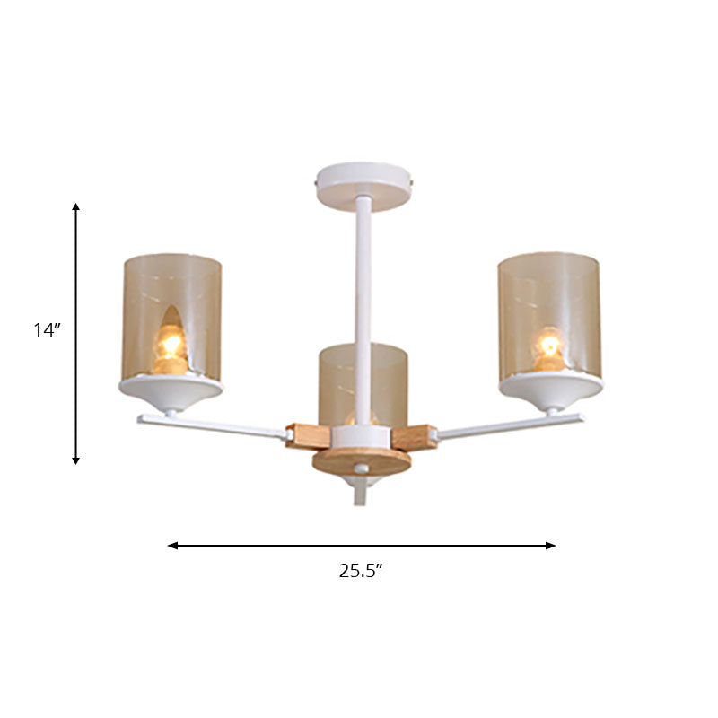 Cognac Zylinder Schatten Kronleuchter Beleuchtung 3/6 Köpfe zeitgenössisches Holz hängen Licht für Wohnzimmer